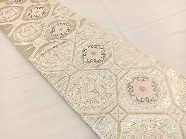 平和屋着物◎西陣 六通柄袋帯 唐織 菱天井鳳凰花文 銀糸 正絹 逸品 BAAW7957hv