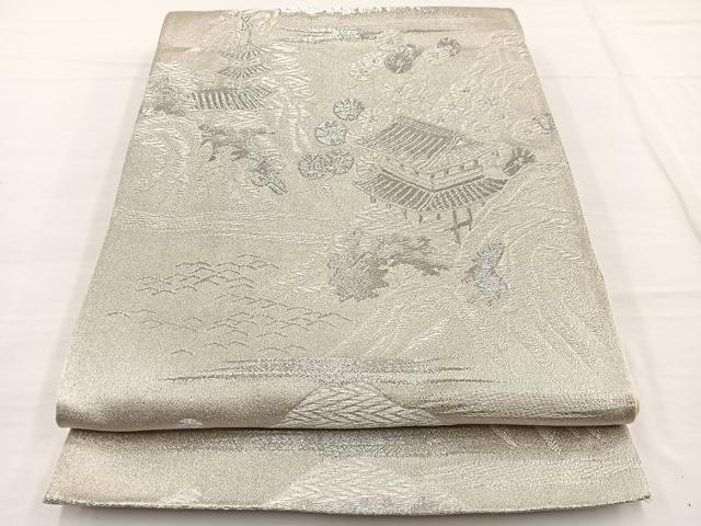 平和屋着物◎六通柄袋帯 風景文 銀糸 正絹 逸品 BAAW7969hv