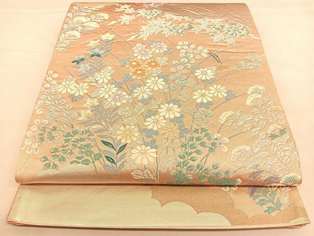 平和屋着物◎六通柄袋帯 唐織 雲取り草花文 銀糸 正絹 逸品 BAAW8005qw