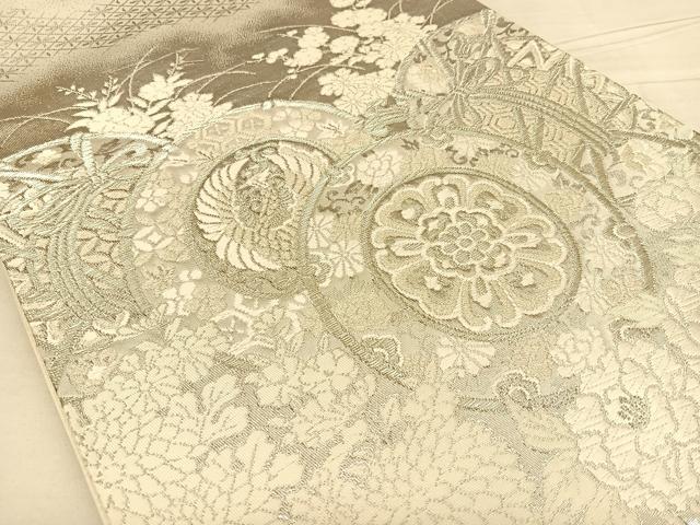 平和屋着物◎六通柄袋帯 唐織 美保姿 鼓花鳥文 銀糸 正絹 逸品 BAAW8018qw