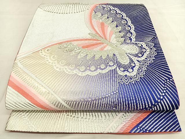 平和屋着物◎全通柄袋帯 唐織 舞蝶文 銀糸 正絹 逸品 BAAW8050qw