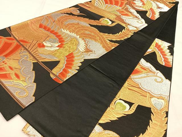 平和屋着物◎六通柄袋帯 唐織 鳳凰舞蝶文 黒地 金銀糸 正絹 逸品 BAAW8065qw
