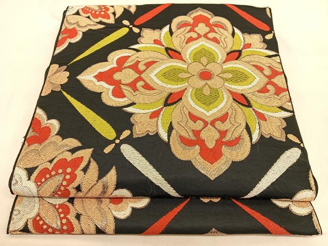 平和屋着物◎六通柄 本袋帯 花菱文 黒地 金糸 正絹 逸品 BAAW8084qw