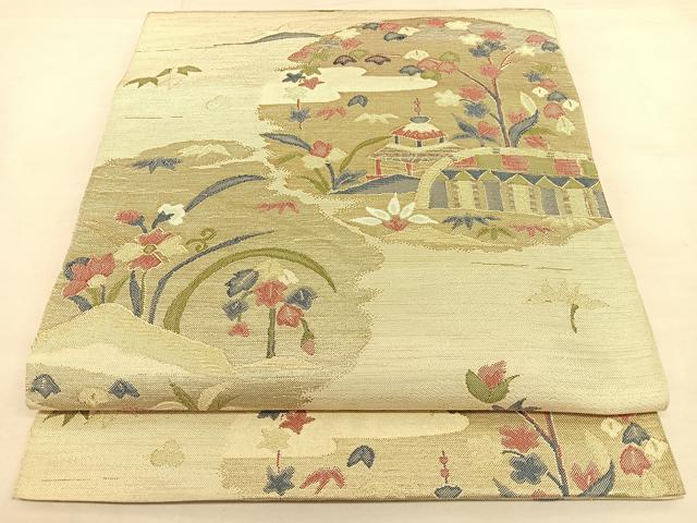 平和屋着物◎六通柄 京袋帯 風景花文 正絹 逸品 BAAW8113qw