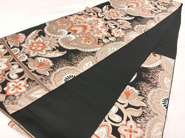 平和屋着物◎六通柄 本袋帯 唐織 更紗花唐草文 黒地 金糸 正絹 逸品 BAAW8132qw
