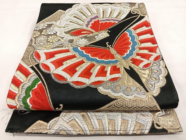 平和屋着物◎六通柄 京袋帯 唐織 舞蝶文 黒地 金銀糸 正絹 逸品 BAAW8134qw