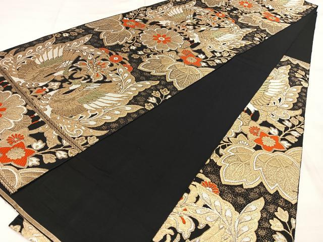 平和屋着物◎六通柄 本袋帯 唐織 花鳥文 黒地 金糸 正絹 逸品 BAAW8138qw