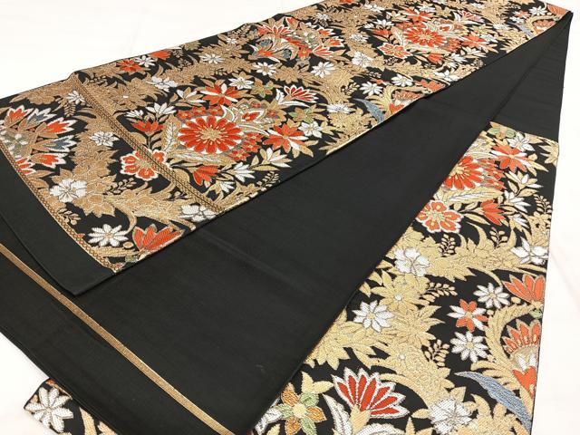 平和屋着物◎六通柄袋帯 唐織 花唐草文 黒地 金糸 正絹 逸品 BAAW8140qw