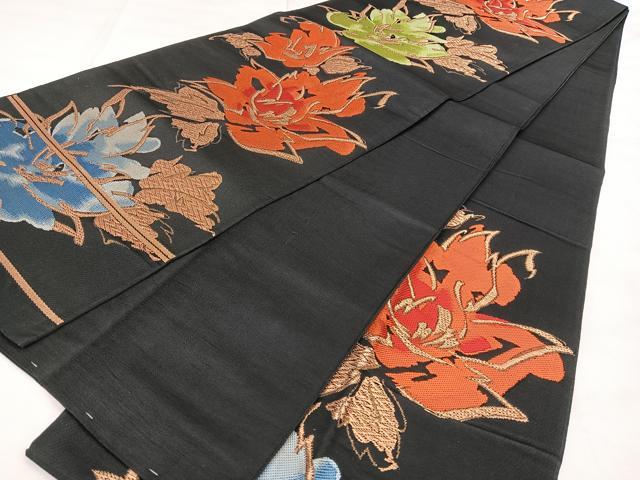 平和屋着物◎六通柄袋帯 唐織 舞花文 黒地 金糸 正絹 逸品 BAAW8142qw