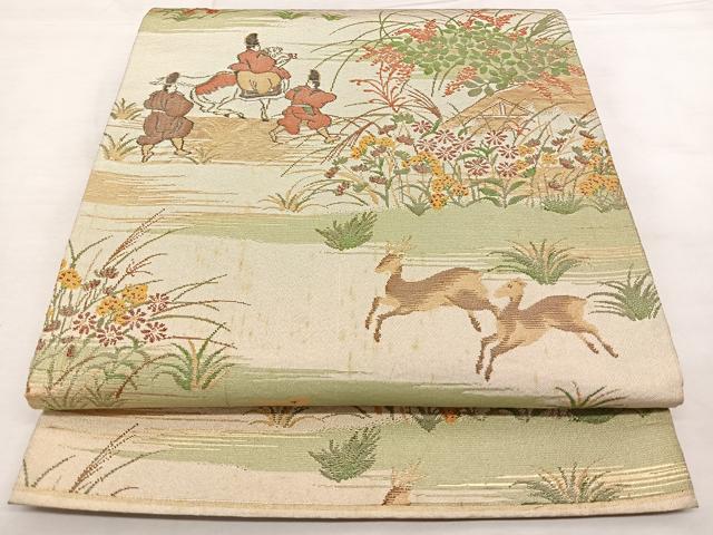 平和屋着物◎六通柄袋帯 動物人物文 金糸 正絹 逸品 BAAW8148qw