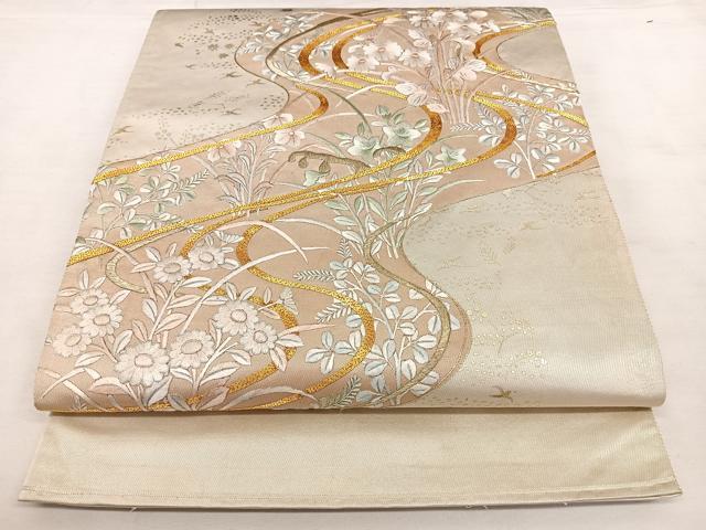 平和屋着物◎太鼓柄袋帯 駒刺繍 流水花文 金彩 正絹 逸品 BAAW8158qw