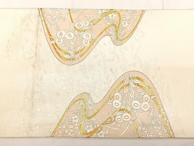 平和屋着物◎太鼓柄袋帯 駒刺繍 流水花文 金彩 正絹 逸品 BAAW8158qw