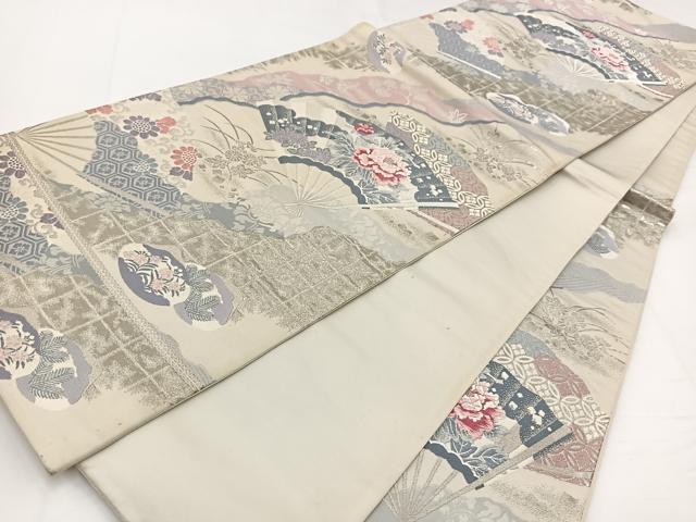 平和屋着物◎六通柄袋帯 唐織 プラチナ 三雅扇 正絹 逸品 BAAW8186yc