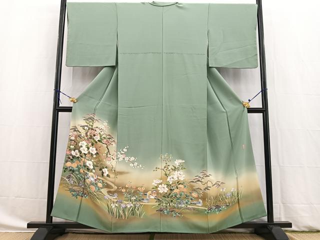 平和屋着物●十日町友禅作家 岡村蒼風 色留訪問着 花鳥文 暈し染め 金銀彩 正絹 逸品 BAAW8276yc