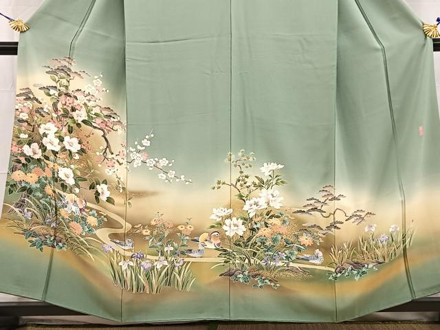 平和屋着物●十日町友禅作家 岡村蒼風 色留訪問着 花鳥文 暈し染め 金銀彩 正絹 逸品 BAAW8276yc