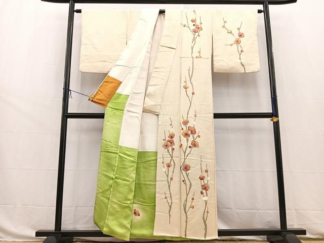 平和屋着物■訪問着 手描き 紅白梅 金通し地 正絹 逸品 BAAW8490yc
