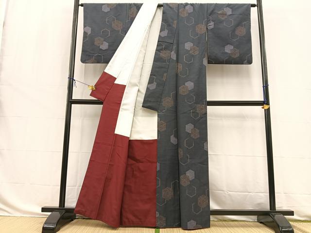 平和屋着物■上質な紬 亀甲麻の葉文様 正絹 逸品 BAAW8508yc