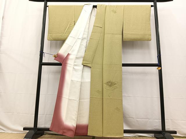 平和屋着物■中国三大刺繍 スワトウ刺繍 汕頭刺繍 総刺繍 無地絵訪問着 菱重ね花文 黄海松茶色 正絹 逸品 BAAW8514yc