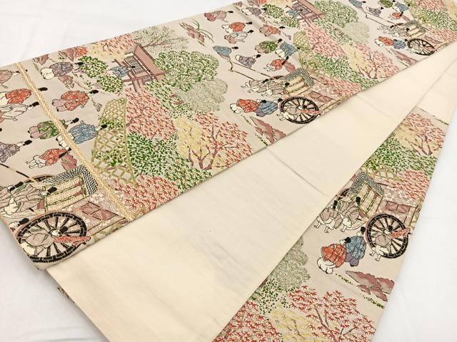 平和屋着物◎六通柄袋帯 唐織 平安人物風景文 金糸 正絹 逸品 BAAW8522yc