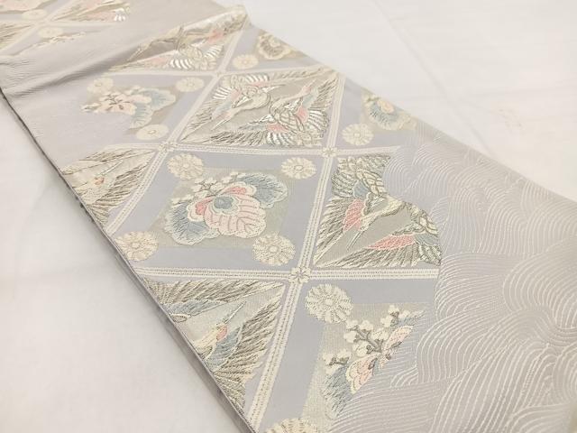 平和屋着物◎六通柄袋帯 唐織 双鶴菱天井花文 銀糸 正絹 逸品 BAAW8523yc