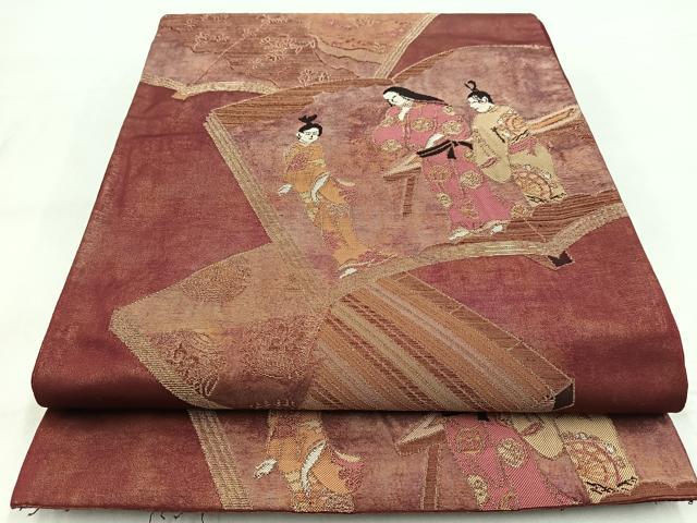 平和屋着物◎六通柄袋帯 冊子人物文 金糸 引箔 正絹 逸品 BAAW8526yc