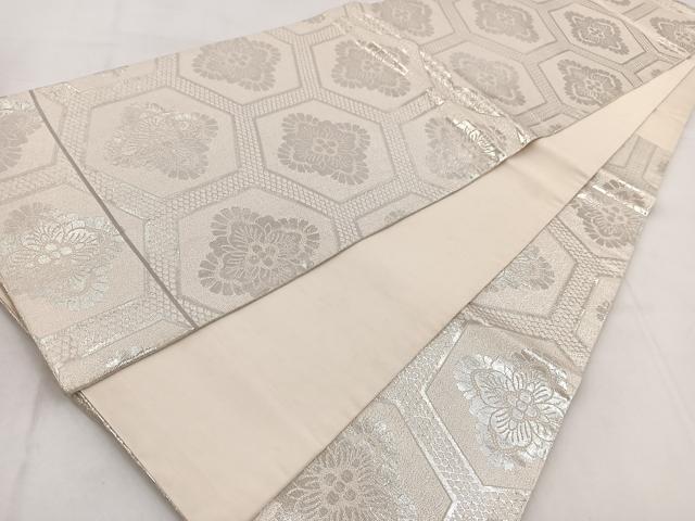 平和屋着物◎六通柄袋帯 亀甲花文 銀糸 正絹 逸品 BAAW8535yc