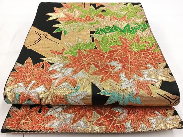 平和屋着物◎六通柄袋帯 楓竹文 黒地 金銀糸 正絹 逸品 BAAW8540yc
