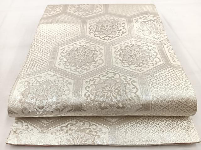 平和屋着物◎両面 全通柄袋帯 亀甲花文 銀糸 正絹 逸品 BAAW8568yc