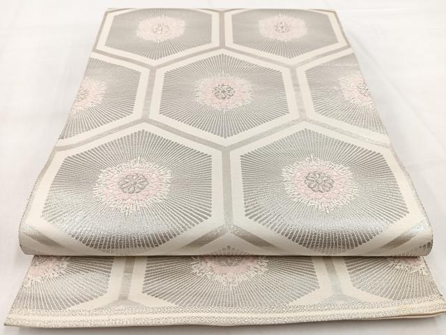 平和屋着物◎六通柄袋帯 唐織 亀甲花文 プラチナ箔 正絹 逸品 BAAW8579yc