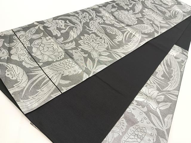 平和屋着物◎六通柄袋帯 更紗花鳥文 銀糸 正絹 逸品 BAAW8588yc