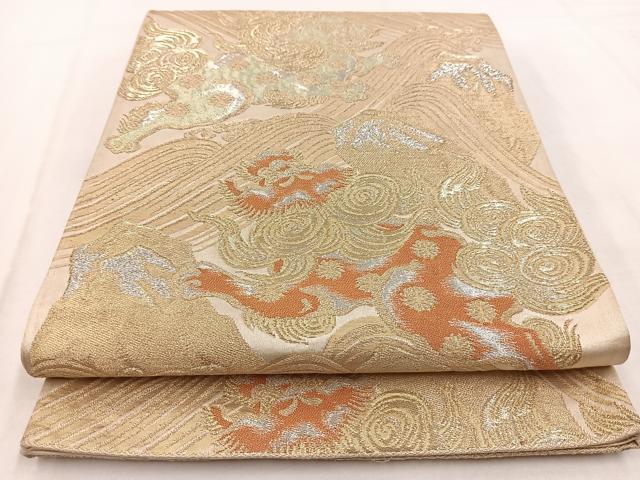 平和屋着物◎六通柄袋帯 立波唐獅子文 金銀糸 正絹 逸品 BAAW8604yc