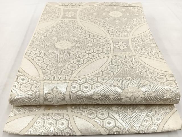 平和屋着物◎六通柄袋帯 唐織 七宝孔雀羽花文 銀糸 正絹 逸品 BAAW8624yc