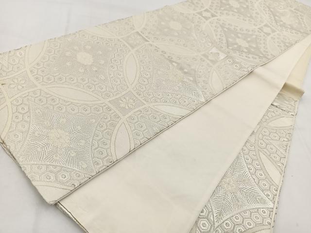平和屋着物◎六通柄袋帯 唐織 七宝孔雀羽花文 銀糸 正絹 逸品 BAAW8624yc