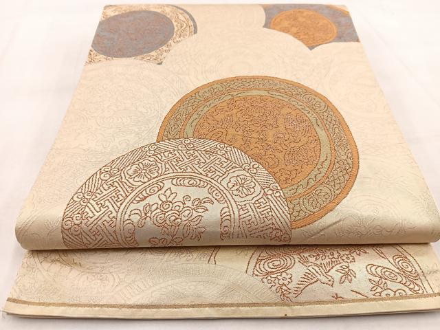平和屋着物◎六通柄袋帯 唐織 花鳥絵皿文 銀糸 正絹 逸品 BAAW8633yc