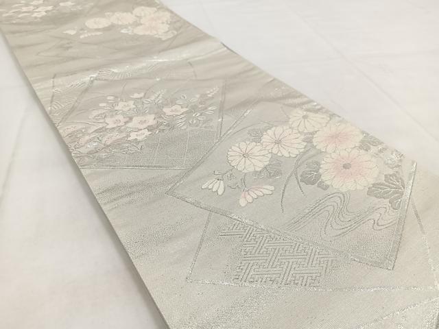 平和屋着物◎六通柄袋帯 唐織 色紙重ね秋草文 銀糸 正絹 逸品 BAAW8634yc