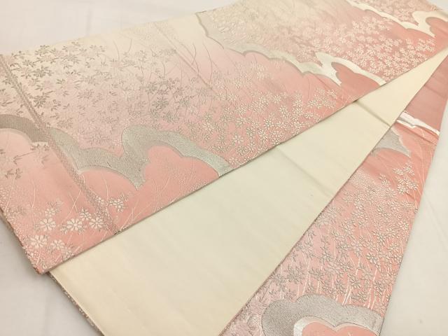 平和屋着物◎六通柄袋帯 唐織 雲取り花文 銀糸 正絹 逸品 BAAW8644yc