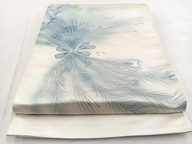 平和屋着物◎太鼓柄袋帯 手描き 孔雀羽文 銀糸 引箔 正絹 逸品 BAAW8667yc