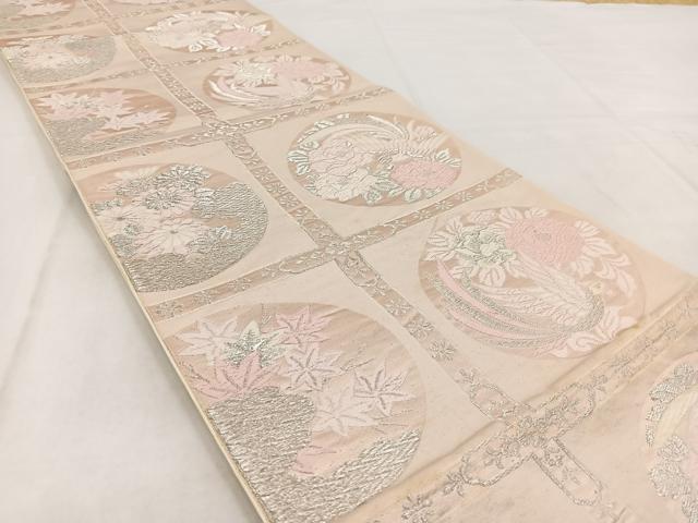 平和屋着物◎六通柄袋帯 唐織 鳳凰格天井花文 銀糸 正絹 逸品 BAAW8672yc