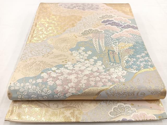 平和屋着物◎六通柄袋帯 唐織 御所車花鳥文 金糸 正絹 逸品 BAAW8684yc