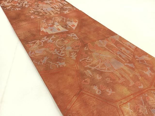 平和屋着物◎六通柄袋帯 切嵌壁画文様 金糸 引箔 正絹 逸品 BAAW8733yc