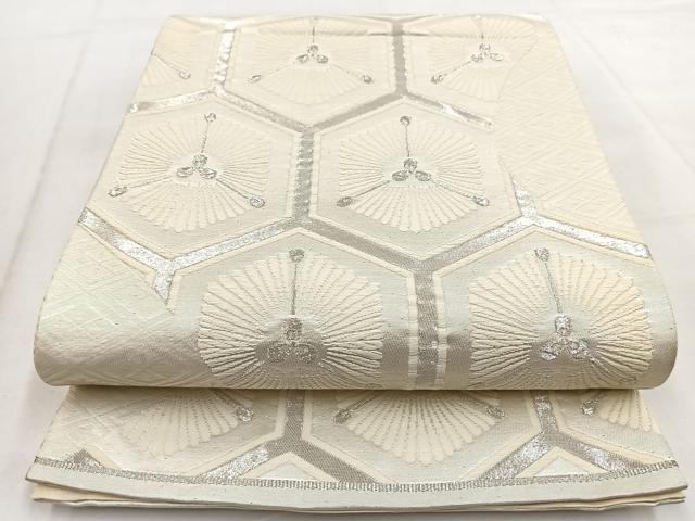平和屋着物◎六通柄袋帯 唐織 亀甲孔雀羽文 銀糸 正絹 逸品 BAAW8734yc