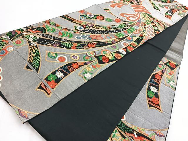 平和屋着物◎六通柄袋帯 唐織 鳳凰束ね熨斗花文 黒地 金銀糸 正絹 逸品 BAAW8747yc