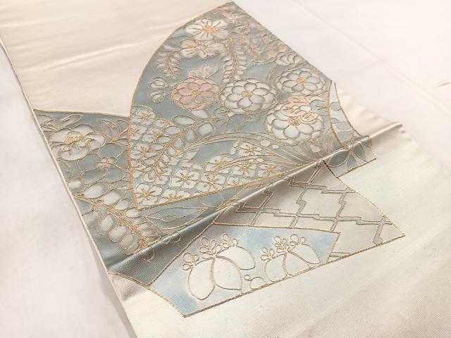 平和屋着物◎太鼓柄袋帯 駒刺繍 地紙花文 正絹 逸品 BAAW8756yc
