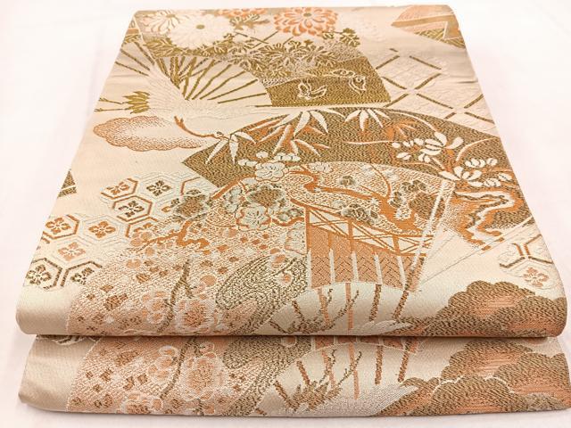 平和屋着物◎全通柄 京袋帯 引き抜き帯 唐織 飛鶴扇面花文 正絹 逸品 BAAW8766yc