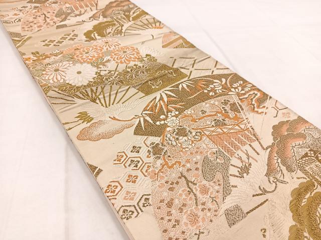 平和屋着物◎全通柄 京袋帯 引き抜き帯 唐織 飛鶴扇面花文 正絹 逸品 BAAW8766yc