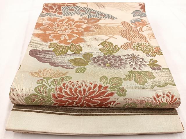 平和屋着物◎アンティーク 大正ロマン 丸帯 渡り橋花文 金糸 正絹 逸品 BAAW8767yc