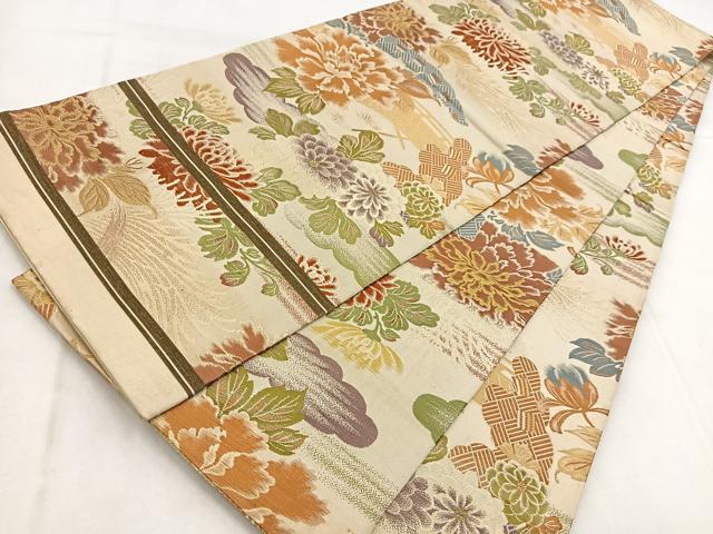 平和屋着物◎アンティーク 大正ロマン 丸帯 渡り橋花文 金糸 正絹 逸品 BAAW8767yc