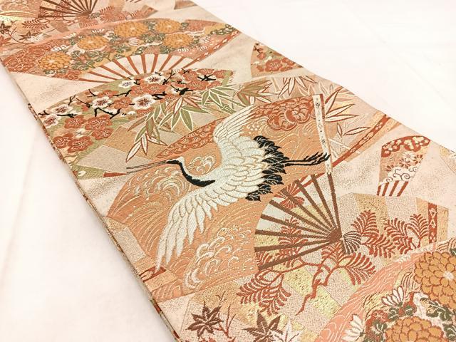 平和屋着物◎アンティーク 大正ロマン 丸帯 唐織 扇面花鳥文 金糸 正絹 逸品 BAAW8768yc