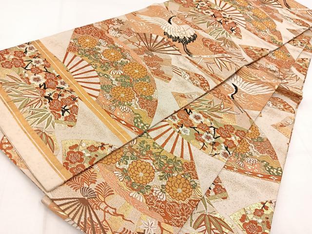 平和屋着物◎アンティーク 大正ロマン 丸帯 唐織 扇面花鳥文 金糸 正絹 逸品 BAAW8768yc