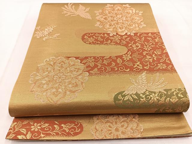 平和屋着物◎六通柄袋帯 鳳凰エ霞更紗花文 金糸 正絹 逸品 未使用 BAAW8774yc